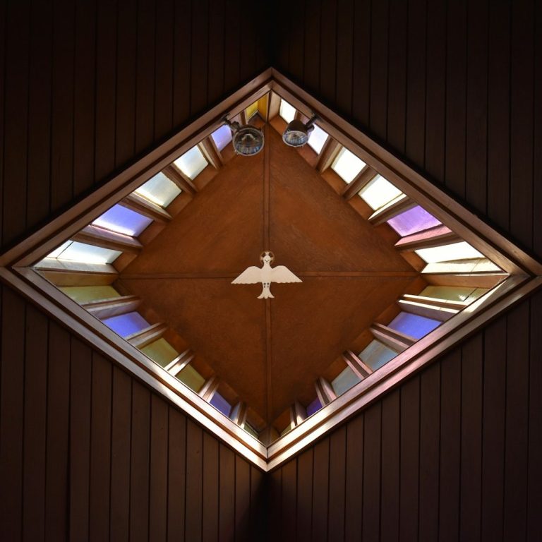 Holy Spirit 1 The ceiling of a church that has a dove ornament in the center.